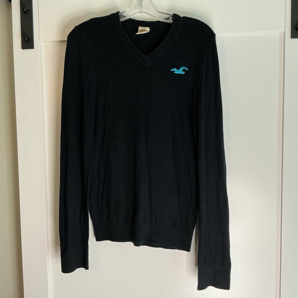 Hollister Sweater Mens Large Navy V Neck Pullover Blue Logo Cotton Blend Classic